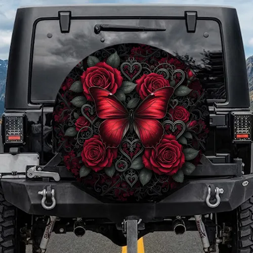 Majestic Red Butterfly Crimson Roses Gothic Filigree - Romantic Darkness Decor Spare Tire Cover