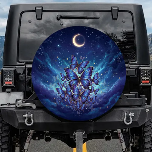 Butterflies Crescent Moon Cosmic Sky - Celestial Home Decor Gift for Star Gazer Spare Tire Cover