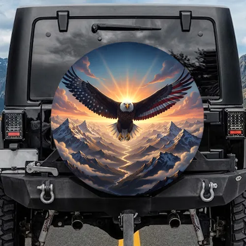 Bald Eagle American Flag Mountain Sky - Independence Day Gift for Veterans Spare Tire Cover