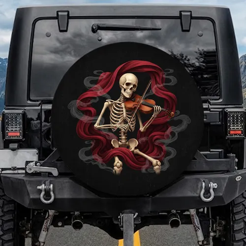 Aged Skeleton Violinist Crimson Fabric Drapes - Dramatic Travel Accessory For Cars Spare Tire Cover