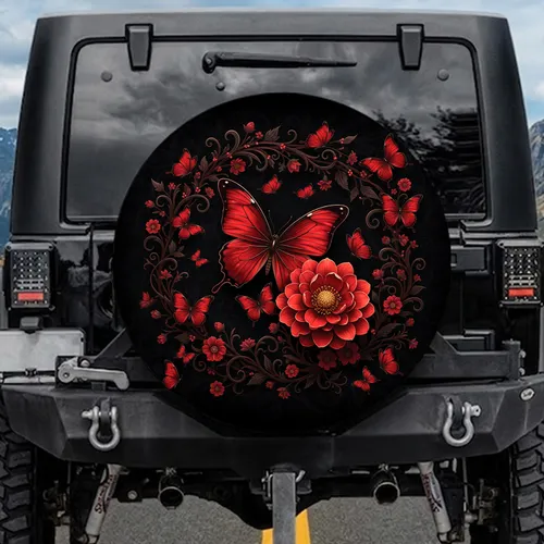 Red Butterfly Red Flower Gold Botanical Vines Smaller Butterflies - Wildlife Lover Gift Spare Tire Cover