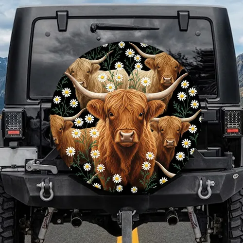 Highland Cow Daisy Floral Farmhouse Decor Gift for Cow Lovers Spare Tire Cover
