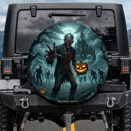 Menacing Zombie Jack-o'-Lantern Haunted Castle Moonlit Sky - Halloween Party Horror Gift Spare Tire Cover
