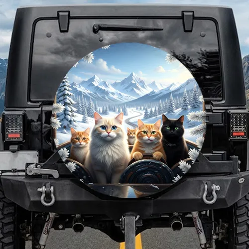 Curious Cats Snow Mountains Winter Road - Cat Lover Travel Essentials Spare Tire Cover