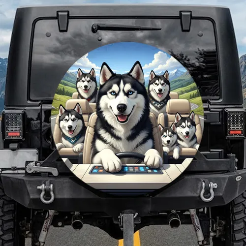 Playful Siberian Huskies Mountain Road Trip - Dog Lover Adventure Gift Spare Tire Cover