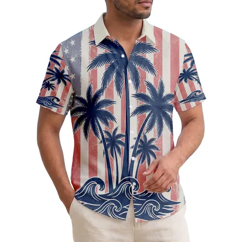 Silhouetted Palm Tree Ocean Distressed American Flag - Independence Day Gift Hawaiian Shirt