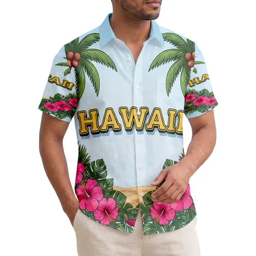 Hawaii Text Palm Trees Hibiscus Flowers Beach Ocean Wreath Scene - Vacation Essentials Gift Hawaiian Shirt