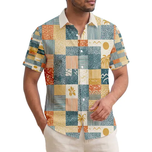 Tropical Patchwork Color Blocks Lauhala Mat Ocean Ripples and Sand - Home Decor Gift Hawaiian Shirt