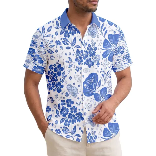 Blue Tropical Flower Clusters Small Florals Vines Berries Swirls White - Home Decor Gift Hawaiian Shirt