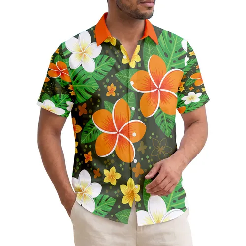 Plumeria White Orange Flowers Green Leaves Five Petal - Home Decor Gift Hawaiian Shirt