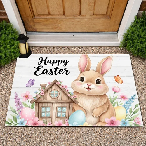 Happy Easter Bunny Miniature House Spring Flowers - Easter Holiday Gift Doormat