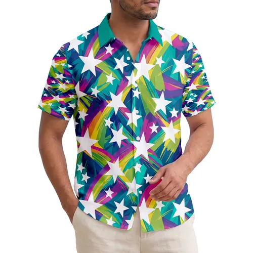 White Five-Pointed Stars Colorful Diagonal Streaks Aurora - Tropical Getaway Trip Essentials Hawaiian Shirt