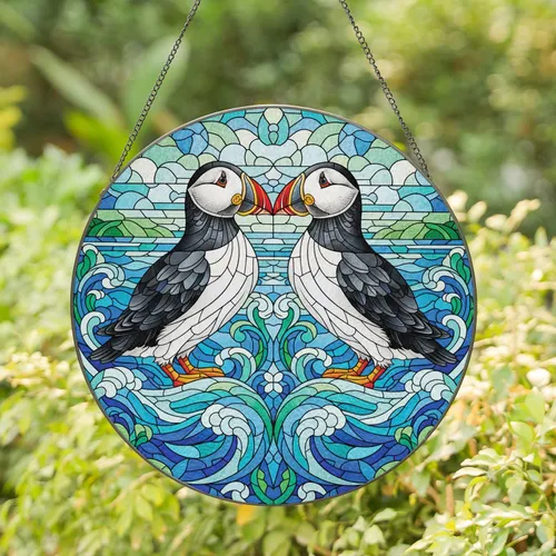 Atlantic Puffins Heart Shape Ocean Waves - Wildlife Lover Home Decor Gift Stained Glass Suncatcher