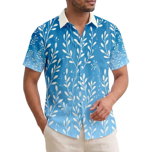 Hawaiian Tropical Stems Leaves Ocean Blue - Home Decor Gift Hawaiian Shirt