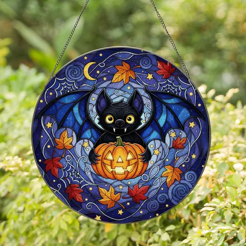 Black Bat Jack-o'-Lantern Night Sky Crescent Moons - Halloween Party Home Decor Stained Glass Suncatcher