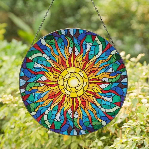 Sun Orb Pointed Wavy Rays Starburst Angular Curved Translucent Glass Mosaic Home Decor Gift Stained Glass Suncatcher