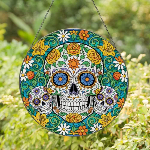 Dia de los Muertos Sugar Skull Floral Lush Blooming Flowers Intertwined Leaves Home Decor Gift Stained Glass Suncatcher