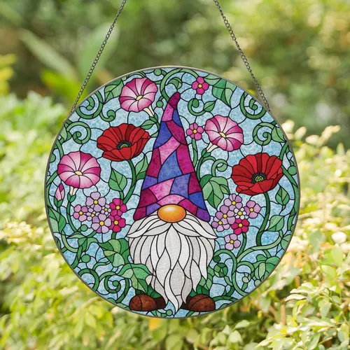 Stained Glass Garden Gnome Patchwork Hat Blooming Flowers Vines Home Decor Gift Stained Glass Suncatcher