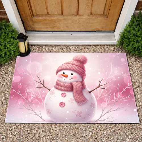 Snowman Pink Hat Scarf Snowflakes Winter Branches - Winter Decor Gift Doormat
