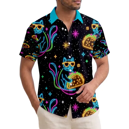 Neon Cats Tacos Sunglasses Cosmic Starbursts - Luminous Fun Cat Lover Gift Hawaiian Shirt