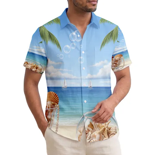 Palm Trees Sailboats Beach Scene Seashells Pearls - Ocean Home Decor Gift Hawaiian Shirt