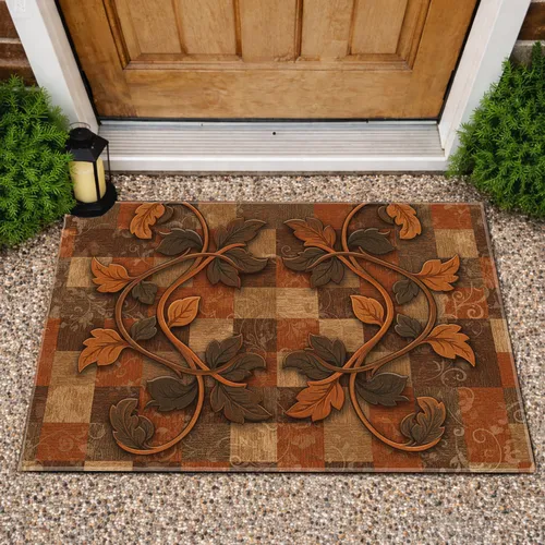 Intertwining Botanical Vine Textured Leaves Patchwork - Rustic Home Decor Gift Doormat
