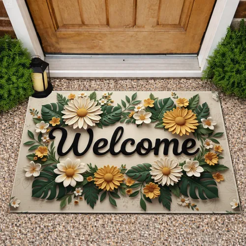 Welcome Daisy Multi-Petal Floral Monstera Leaf - Home Decor Gift Doormat