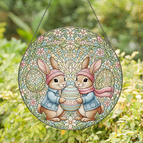 Easter Bunnies Pastel Eggs Spring Floral Vines Blossoms - Easter Holiday Gift Stained Glass Suncatcher