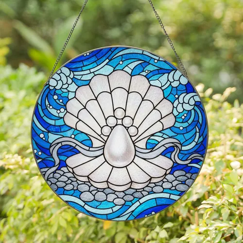 Tiffany Stained Glass Clam Shell Pearl Ocean Waves Currents Pebbles Home Decor Gift Stained Glass Suncatcher