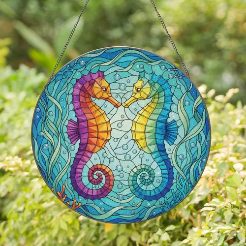 Two Seahorses Coral Seaweed Plants - Home Decor Gift for Ocean Lovers Stained Glass Suncatcher