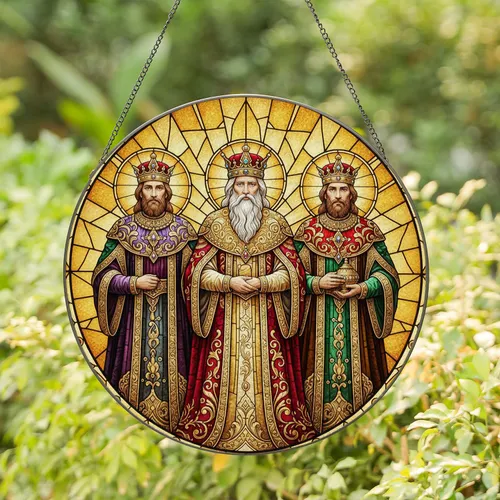 Three Majestic Kings Jeweled Crowns Gold Scrollwork Christmas Decor Stained Glass Suncatcher