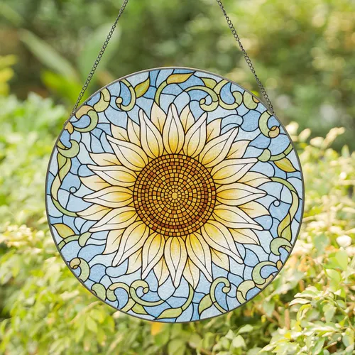 Vibrant Layered Sunflower Delicate Leaves Swirling Vines Mosaic - Home Decor Gift for Garden Lover Stained Glass Suncatcher