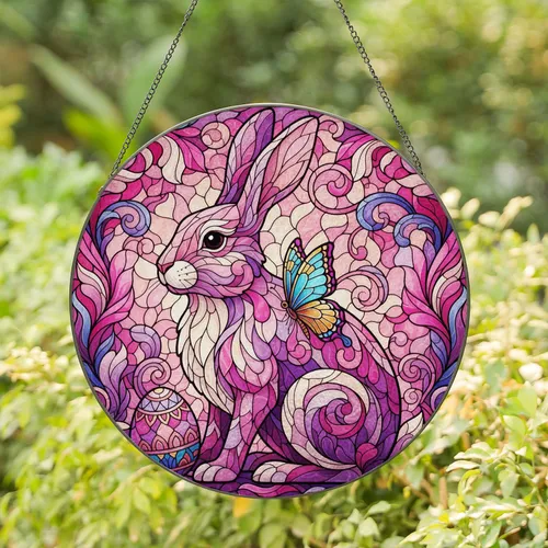 Rabbit Butterfly Egg Wildlife Floral Mosaic - Everyday Home Decor Gift for Rabbit Lovers Stained Glass Suncatcher