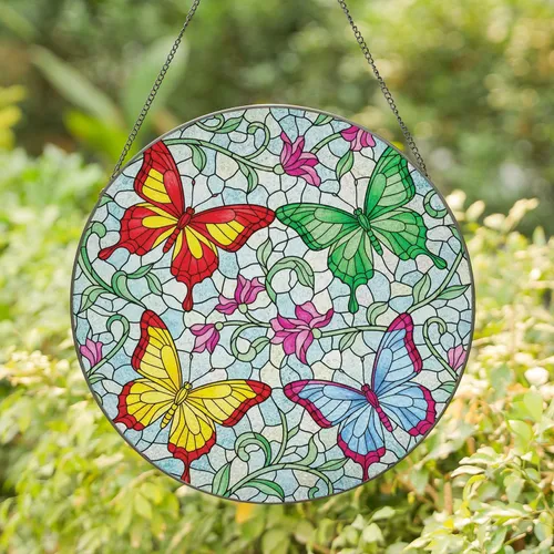 Vibrant Butterflies Floral Botanical Mosaic - Home Decor Gift for Butterfly Lovers Stained Glass Suncatcher