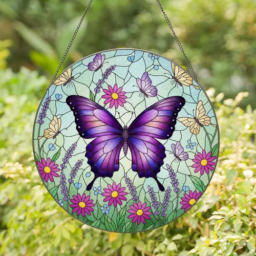 Purple Butterfly Daisy Flowers Lavender Mosaic - Home Decor Gift for Garden Lover Stained Glass Suncatcher