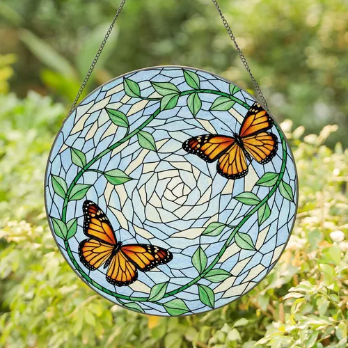 Two Monarch Butterflies Curving Vine Emerald Leaves - Wildlife Lover Home Decor Gift Stained Glass Suncatcher