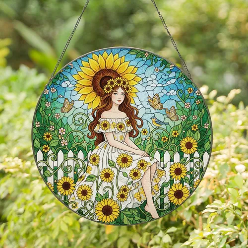 Young Girl Sunflower Garden Picket Fence Foliage Bird Butterflies - Home Decor Gift Stained Glass Suncatcher