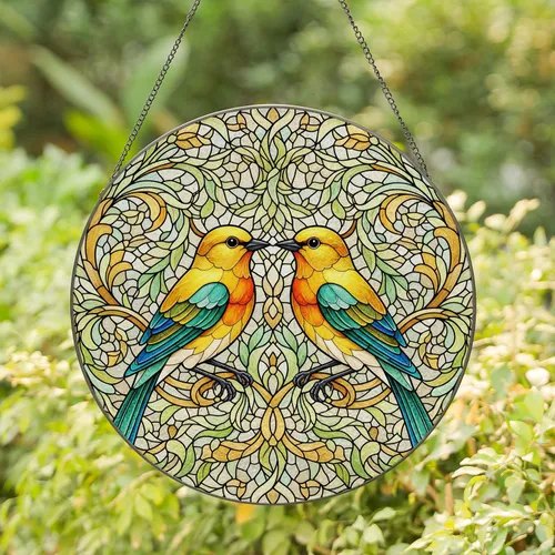 Tiffany-Style Stained Glass Songbirds Leafy Flowers Mosaic - Home Decor Gift for Wildlife Lover Stained Glass Suncatcher