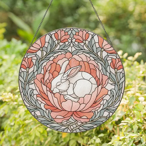 Sleeping White Rabbit Curled Flower Petals Leaves - Window Decor Gift for Rabbit Lover Stained Glass Suncatcher