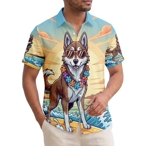 Wolf Dog Surfing Ocean Wave Orange Sunglasses Lei - Tropical Island Sunset Beach Lover Gift Hawaiian Shirt