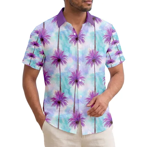 Tall Slender Palm Trees Fronds Swirling Clouds Tropical Bands - Vacation Getaway Gift Hawaiian Shirt