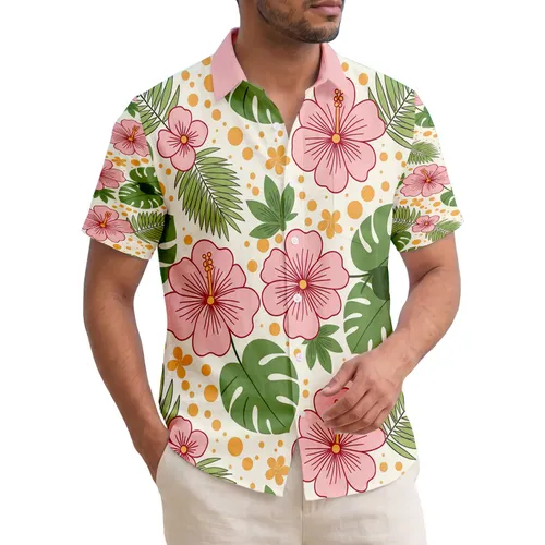 Tropical Pink Flowers Green Palm Leaves Small Dots - Island Living Gift Hawaiian Shirt