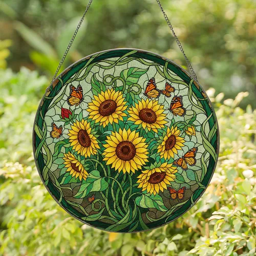 Sunflowers Monarch Butterflies Lush Foliage - Home Decor Gift for Garden Lover Stained Glass Suncatcher