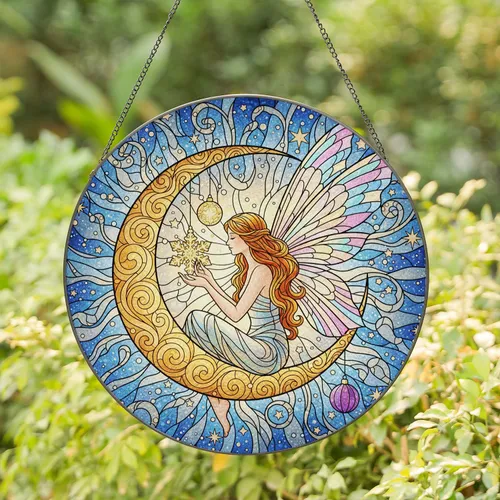 Iridescent Fairy Golden Crescent Moon Celestial Stardust - Home Decor Gift Stained Glass Suncatcher