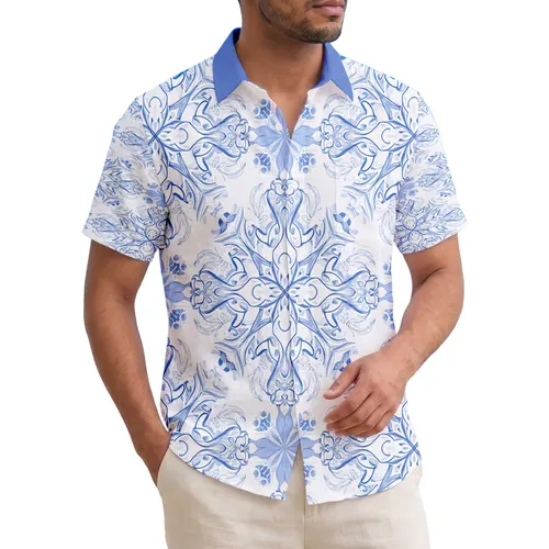 Tropical Blue Floral Scrollwork Plumeria Blossoms Fronds - Home Decor Gift Hawaiian Shirt