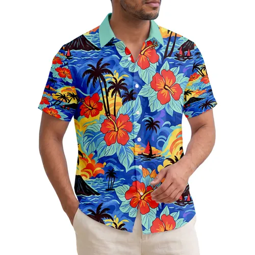 Palm Tree Volcano Outrigger Hibiscus Ocean - Tropical Travel Gift for Island Lover Hawaiian Shirt