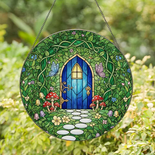 Blue Fairy Door Butterflies Toadstools - Home Decor Gift for Fairy Lover Stained Glass Suncatcher