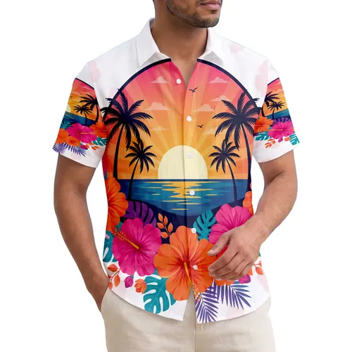 Tropical Sunset Palm Trees Ocean Beach Hibiscus Flowers - Beach Vacation Gift Hawaiian Shirt