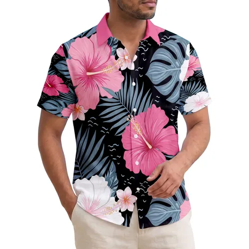 Fuchsia White Hibiscus Flowers Monstera Leaves Black - Tropical Lover Gift Hawaiian Shirt