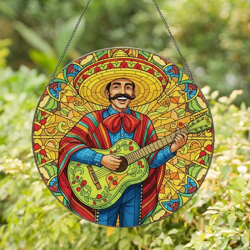 Mariachi Musician Sombrero Guitar Black Mustache Blue Shirt - Mexican Fiesta Home Decor Gift Stained Glass Suncatcher